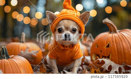 A small dog Chihuahua in an orange pumpkin costume, among large Halloween pumpkins, autumn leaves 117385920