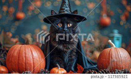 A black cat wearing a small witch hat and a cape, sitting amidst pumpkins and Halloween decorations 117385921