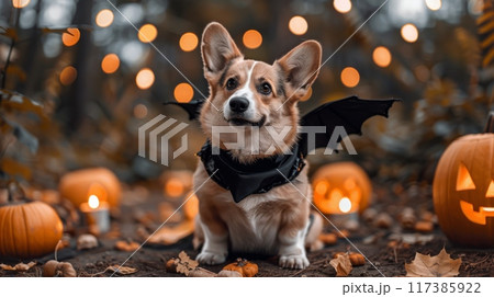 Corgi dressed as a bat, with small black wings, in a spooky Halloween setting with pumpkins, candles 117385922