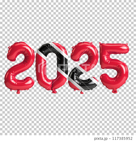3D illustration of new year 2025 balloons on Trinidad and Tobago flag color, isolated on transparent background 117385952
