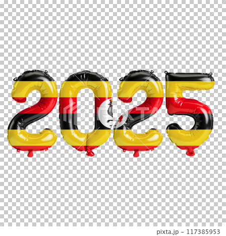 3D illustration of new year 2025 balloons on Uganda flag color, isolated on transparent background 3D illustration of new year 2025 balloons on Uganda flag color, isolated on transparent background 117385953