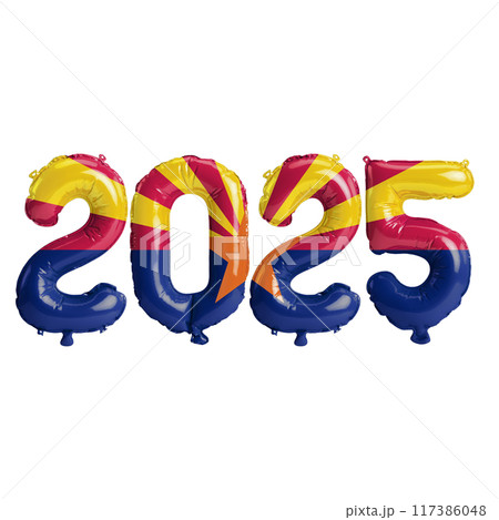 3D illustration of New Year 2025 balloons on the US state flag of Arizona, isolated on a transparent background 117386048