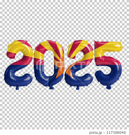 3D illustration of New Year 2025 balloons on the US state flag of Arizona, isolated on a transparent background 117386048