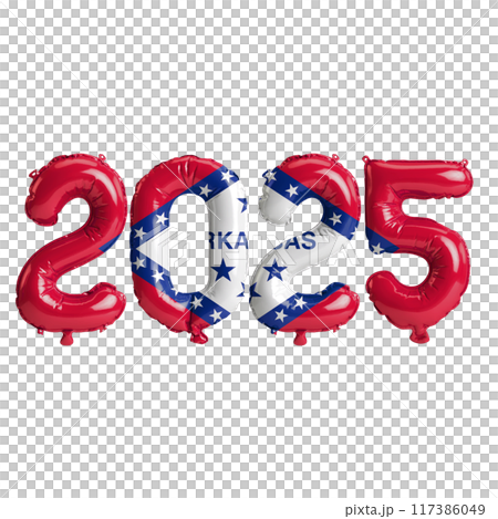 3D illustration of New Year 2025 balloons on the US state flag of Arkansas, isolated on a transparent background 117386049