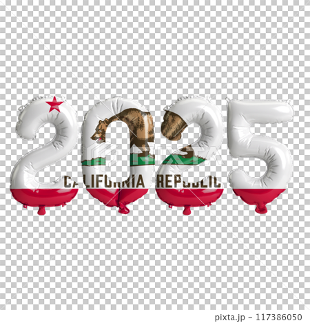 3D illustration of New Year 2025 balloons on the US state flag of California, isolated on a transparent background 117386050