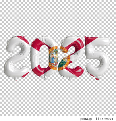 3D illustration of New Year 2025 balloons on the US state flag of Florida, isolated on a transparent background 117386054