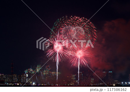 対岸から　小さいヤシの木のような花火　みなとみらいスマートフェスティバル2024 117386162
