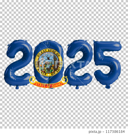 3D illustration of New Year 2025 balloons on the US state flag of Idaho, isolated on a transparent background 117386184