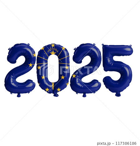 3D illustration of New Year 2025 balloons on the US state flag of Indiana, isolated on a transparent background 3D illustration of New Year 2025 balloons on the US state flag of Indiana, isolated on a transparent background 117386186