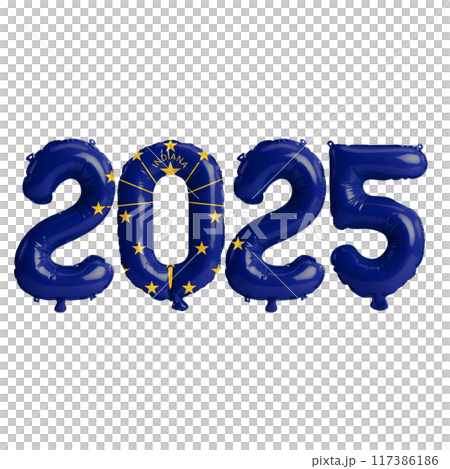3D illustration of New Year 2025 balloons on the US state flag of Indiana, isolated on a transparent background 3D illustration of New Year 2025 balloons on the US state flag of Indiana, isolated on a transparent background 117386186
