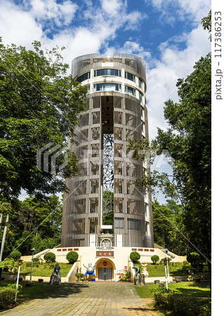 Building view of The Sun-Shooting Tower(Chiayi Tower) in Chiayi City, Taiwan. it's built inside Chiayi Park. 117386253