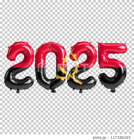 3D illustration of new year 2025 balloons on Angola flag color, isolated on transparent background 117386265