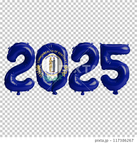 3D illustration of New Year 2025 balloons on the US state flag of Kentucky, isolated on a transparent background 3D illustration of New Year 2025 balloons on the US state flag of Kentucky, isolated on a transparent background 117386267