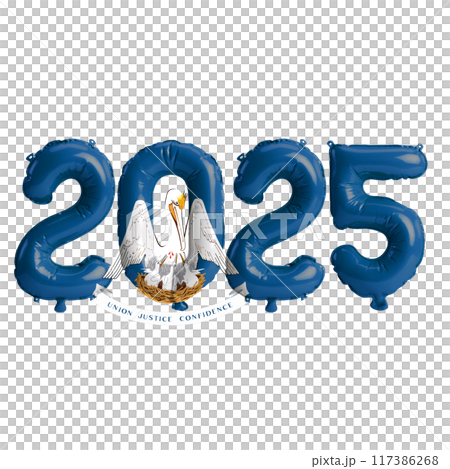 3D illustration of New Year 2025 balloons on the US state flag of Louisiana, isolated on a transparent background 117386268