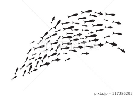Dynamic Black flock of swimming fish Dynamic Black flock of swimming fish 117386293
