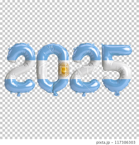 3D illustration of new year 2025 balloons on Argentina flag color, isolated on transparent background 117386303