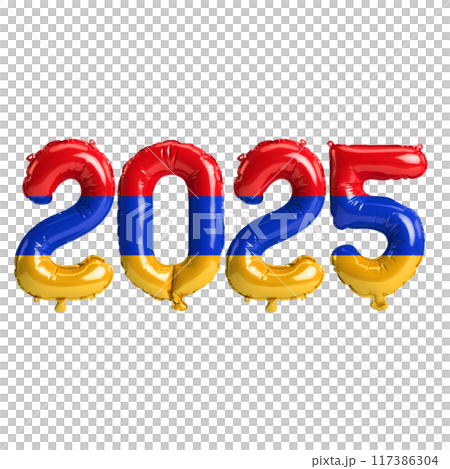 3D illustration of new year 2025 balloons on Armenia flag color, isolated on transparent background 117386304