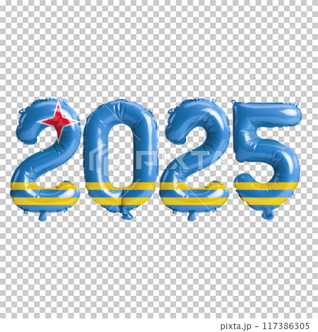 3D illustration of new year 2025 balloons on Aruba flag color, isolated on transparent background 3D illustration of new year 2025 balloons on Aruba flag color, isolated on transparent background 117386305
