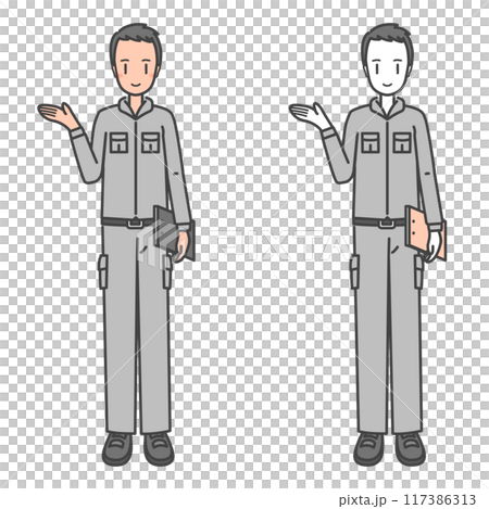 一名穿著工作服的男工人。接待、訊息、商務禮儀和微笑的插圖。 一名穿著工作服的男工人。接待、訊息、商務禮儀和微笑的插圖。 117386313