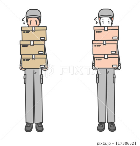 働く女性の配達員・作業員。商品の重い箱を運び疲れた(カラー&モノカラーのSET) 117386321