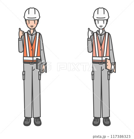 ヘルメットを被り蛍光ベスト・ビブスを着用した働く女性の作業員、安全確認ヨシ！(カラー&モノカラー） 117386323