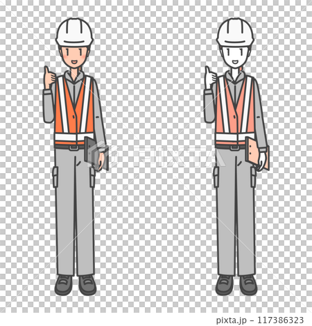 ヘルメットを被り蛍光ベスト・ビブスを着用した働く女性の作業員、安全確認ヨシ！(カラー&モノカラー） 117386323