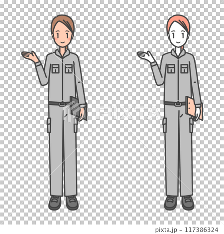 A female worker wearing work clothes. Illustration of reception, guidance, business etiquette and smile. A female worker wearing work clothes. Illustration of reception, guidance, business etiquette and smile. 117386324