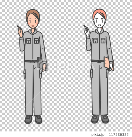作業服を着た働く女性の作業員。提案、指差し呼称、現場と笑顔のイラスト。 117386325