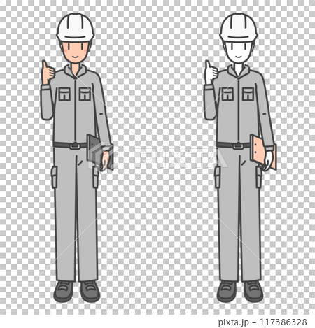 ヘルメットを被った働く男性の作業員、安全確認ヨシ！(カラー&モノカラーのSET) 117386328