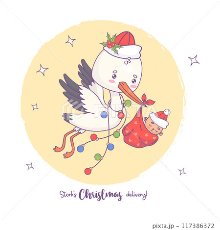 Christmas delivery. Cute white stork in Santa hat with festive garland carrying baby in bag. Funny cartoon bird kawaii and holiday arrival of infant card. Vector illustration. Kids collection. 117386372