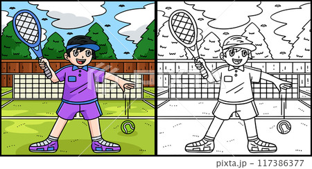Tennis Player Dribbling the Ball Illustration 117386377