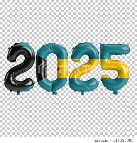 3D illustration of new year 2025 balloons on Bahamas flag color, isolated on transparent background 3D illustration of new year 2025 balloons on Bahamas flag color, isolated on transparent background 117386390