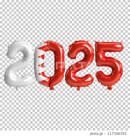 3D illustration of new year 2025 balloons on Bahrain flag color, isolated on transparent background 117386391