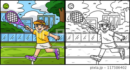 Female Tennis Player Reaching Ball Illustration 117386402