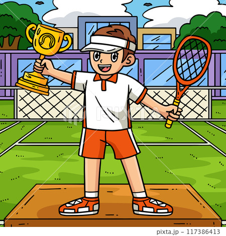 Tennis Player with a Trophy Colored Cartoon  117386413