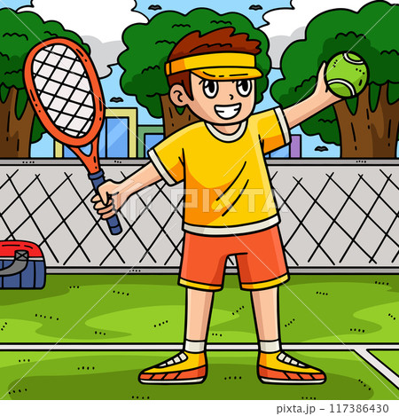 Tennis Boy with a Racket and Ball Colored Cartoon Tennis Boy with a Racket and Ball Colored Cartoon 117386430