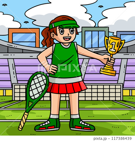 Tennis Female Player with Trophy Colored Cartoon のイラスト素材 [117386439