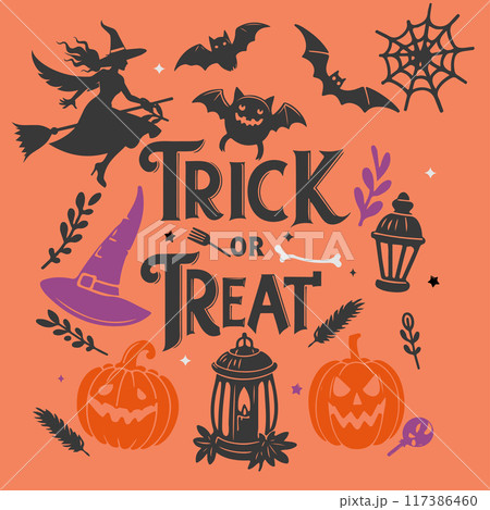 Trick or treat lettering with halloween elements. Vector illustration. 117386460