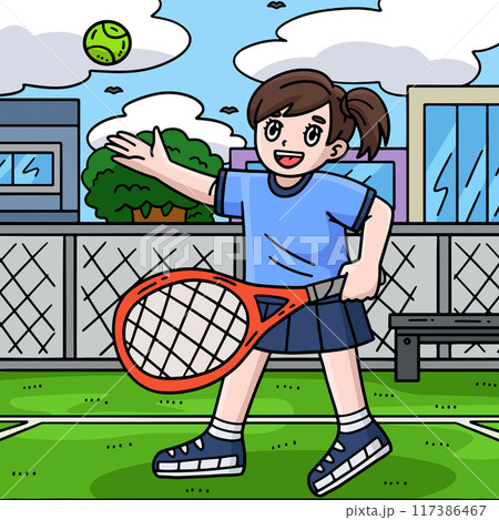 Female Tennis Player Tossing Ball Colored Cartoon 117386467