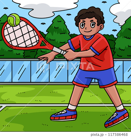 Tennis Player Hitting a Ball Colored Cartoon  117386468