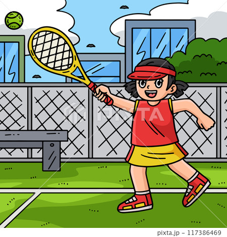 Female Tennis Player Chasing Ball Colored Cartoon  117386469