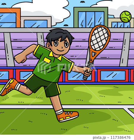 Tennis Player Chasing a Ball Colored Cartoon  117386476
