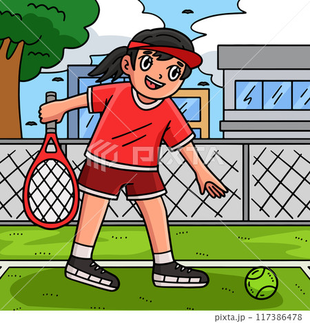 Tennis Female Player Picking Ball Colored Cartoon 117386478