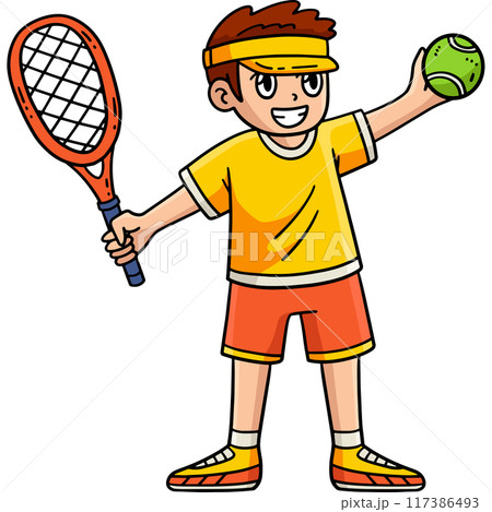Tennis Boy with a Racket and Ball Cartoon Clipart 117386493