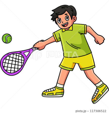 Tennis Player Reaching the Ball Cartoon Clipart 117386522