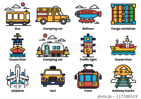 The image is a collection of various transportation icons, including airplanes 117386529