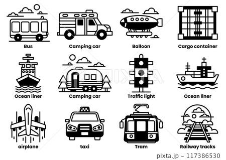 The image is a collection of various transportation icons, including airplanes 117386530