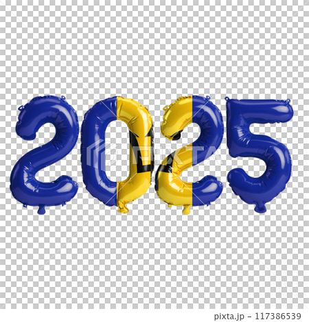 3D illustration of new year 2025 balloons on Barbados flag color, isolated on transparent background 117386539