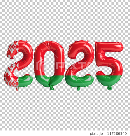 3D illustration of new year 2025 balloons on Belarus flag color, isolated on transparent background 117386540