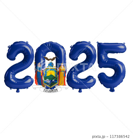 3D illustration of New Year 2025 balloons on the US state flag of New York, isolated on a transparent background 117386542